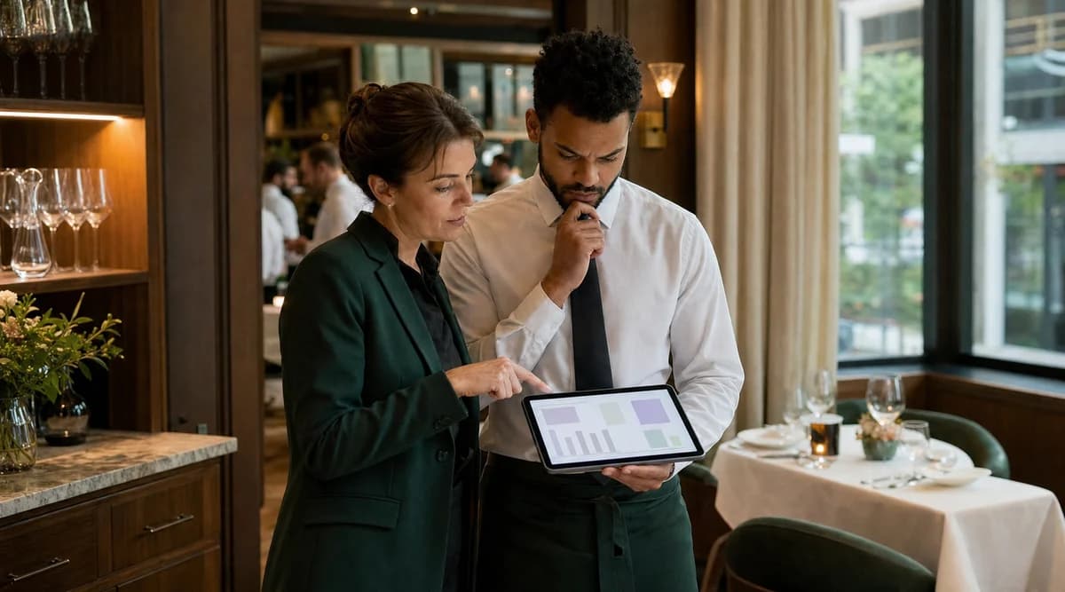 Gerente y mesera revisan juntos una recomendación digital antes del servicio