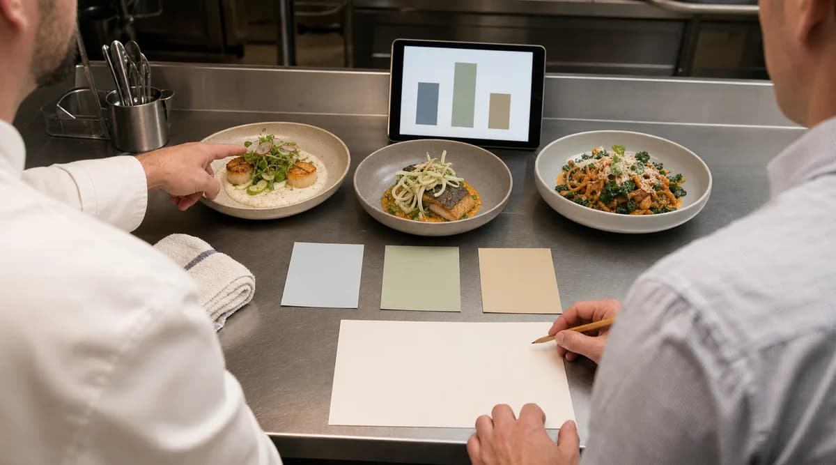 Chef y gerente evalúan tres platillos y resultados abstractos de un piloto de menú
