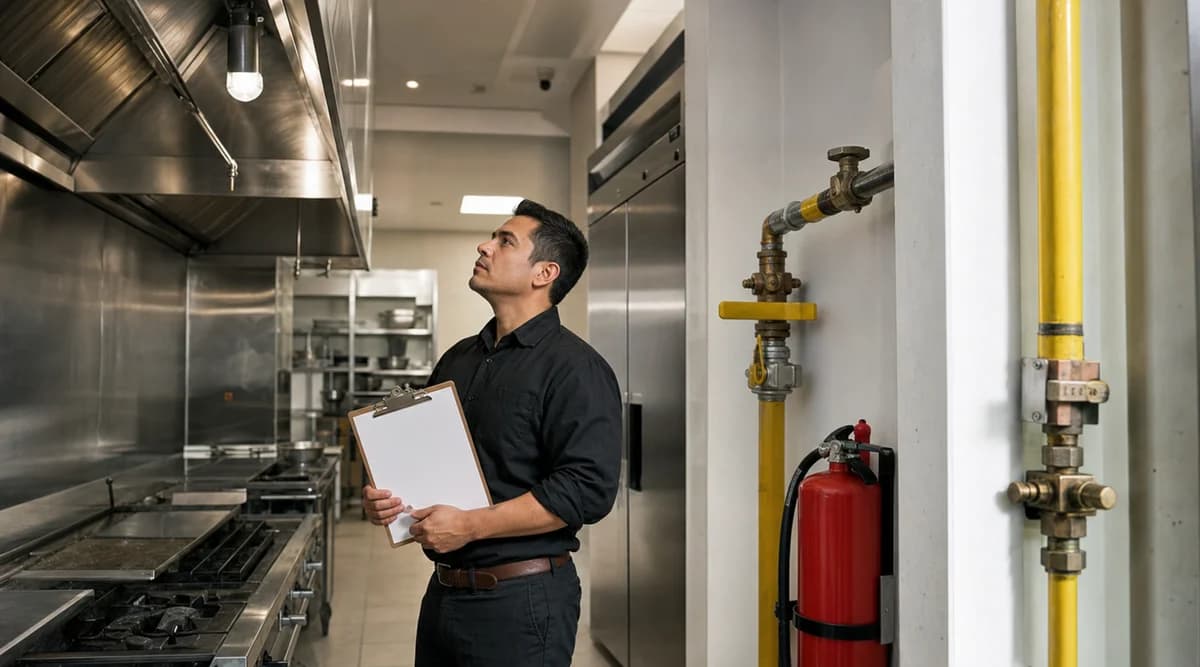 Gerente inspecciona controles de incendio, gas y refrigeración al cierre de una cocina profesional