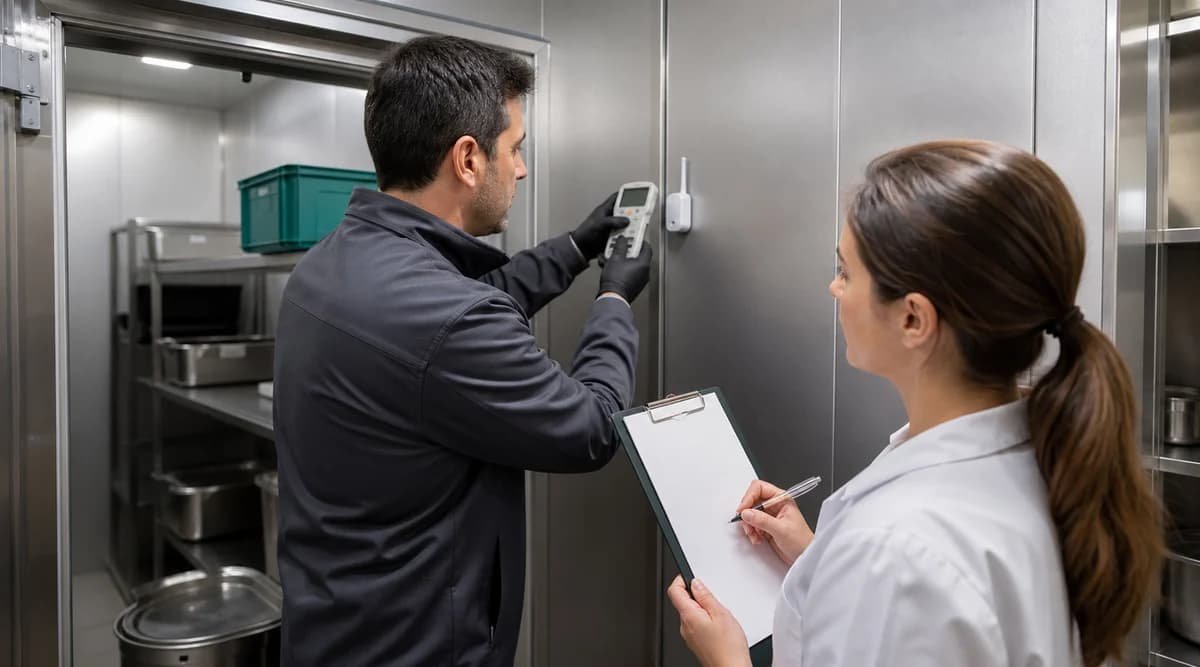 Responsable verifica un sensor inalámbrico con un instrumento de referencia en cámara fría