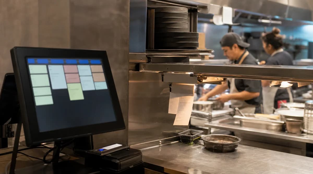 Pantalla POS integrada con pedidos en el pase de una cocina de restaurante