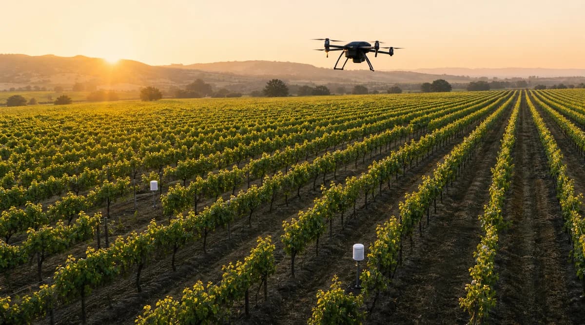 Viñedo moderno con drones y sensores IoT monitoreando las vides al atardecer