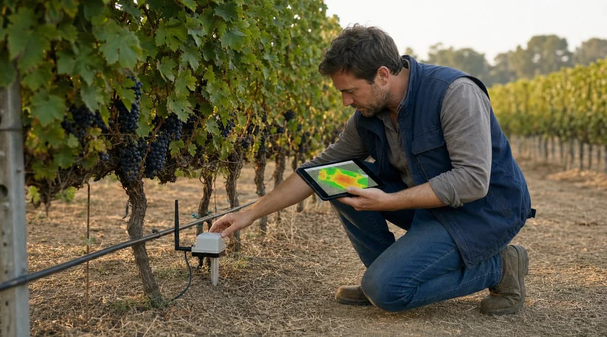 Agrónoma revisando un sensor de suelo y un mapa de variabilidad en un viñedo