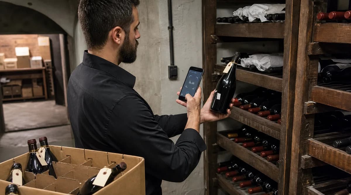 Trabajador registra con el celular el traslado de una botella desde recepción hasta un rack