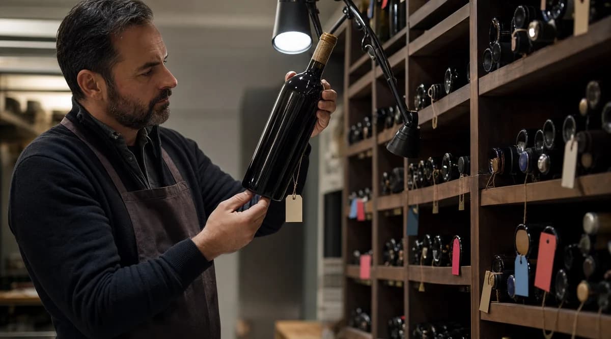 Responsable de cava inspeccionando una botella bajo luz neutra frente a estantes con etiquetas de estado
