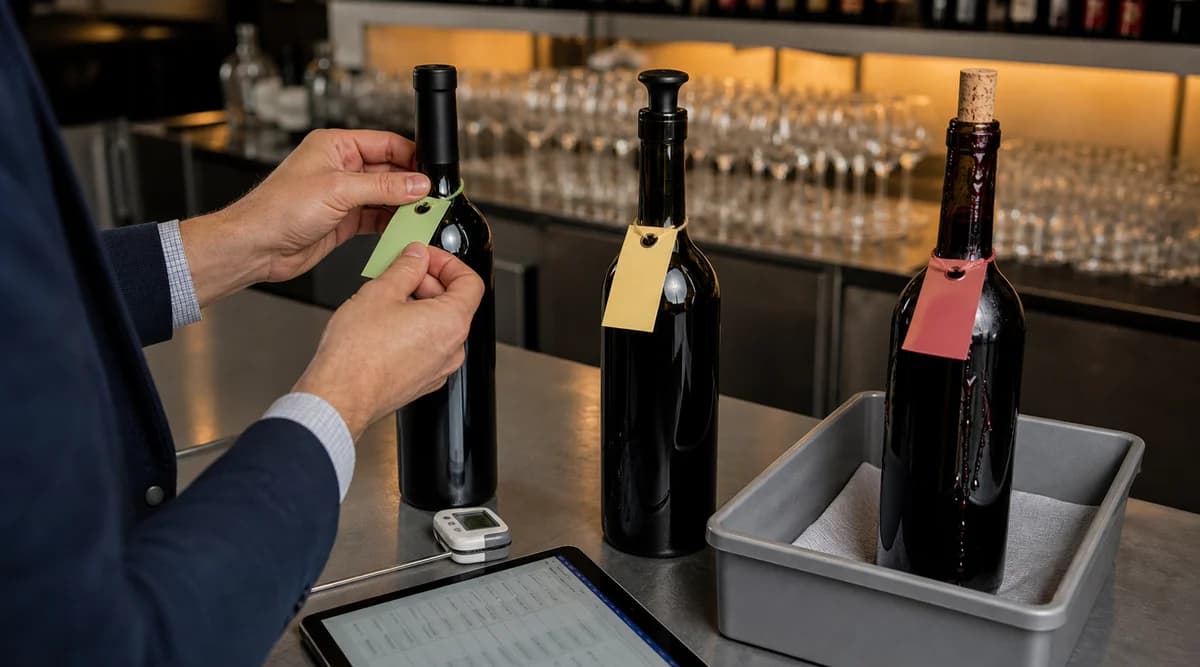 Sommelier etiquetando por estado una botella cerrada, otra abierta y una con fuga aislada en una bandeja