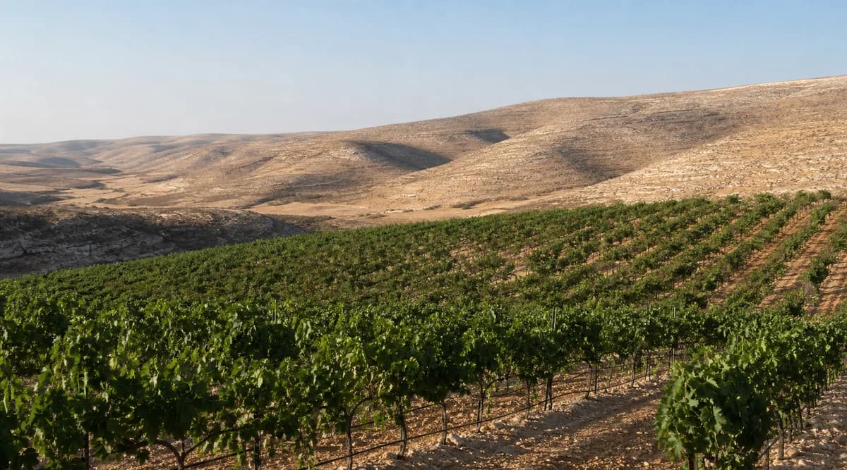 Viñedo irrigado entre laderas áridas de las tierras altas del Néguev