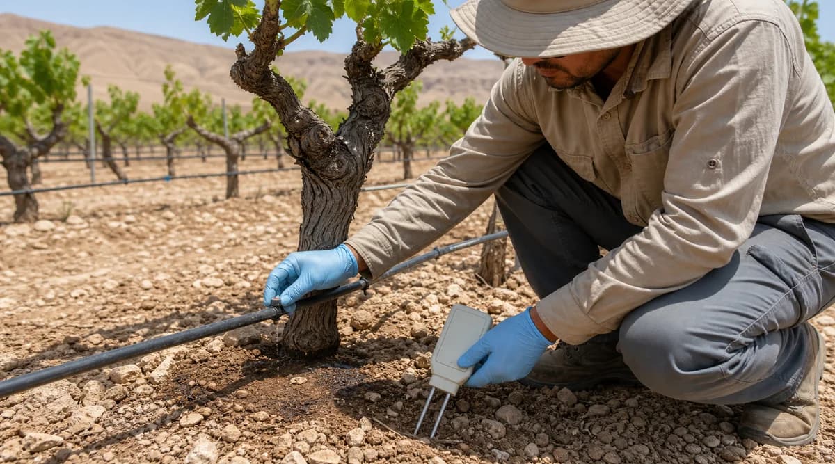 Técnica revisando un emisor de riego por goteo y el suelo de un viñedo árido