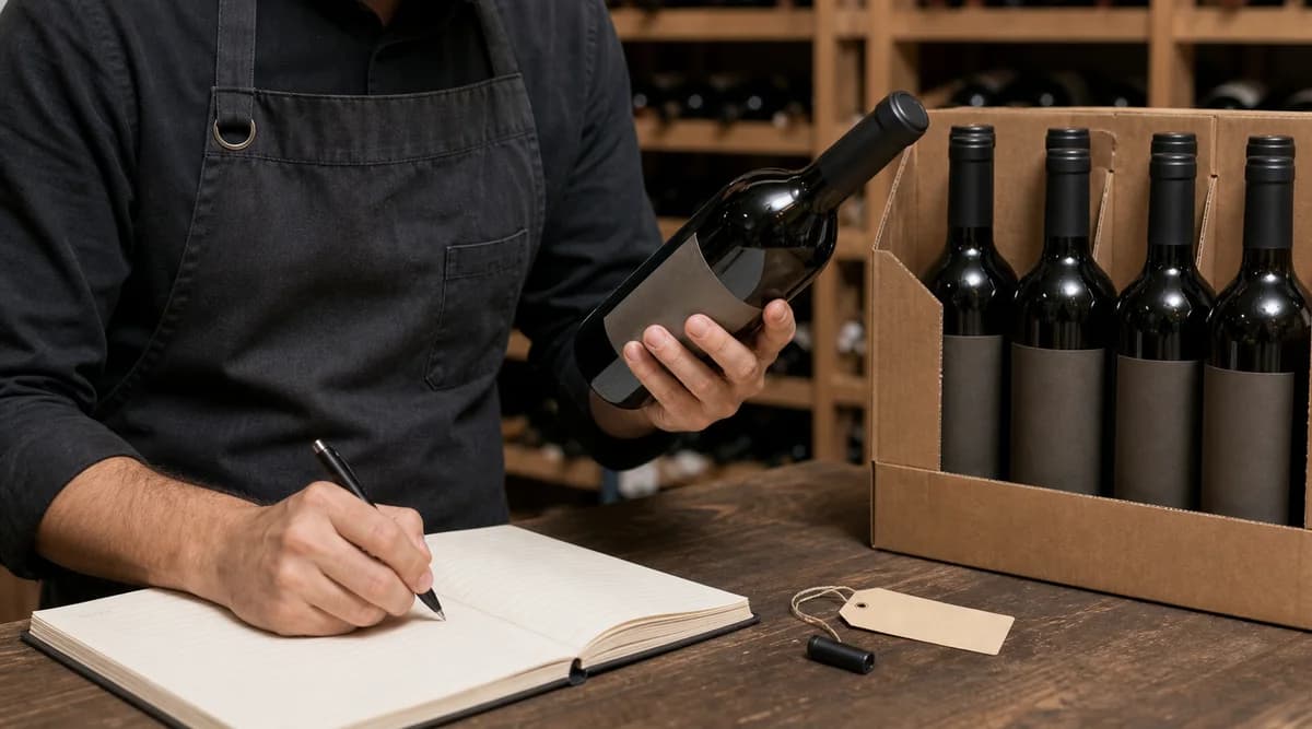 Sommelier registrando añada y lote de botellas de una pequeña bodega mexicana