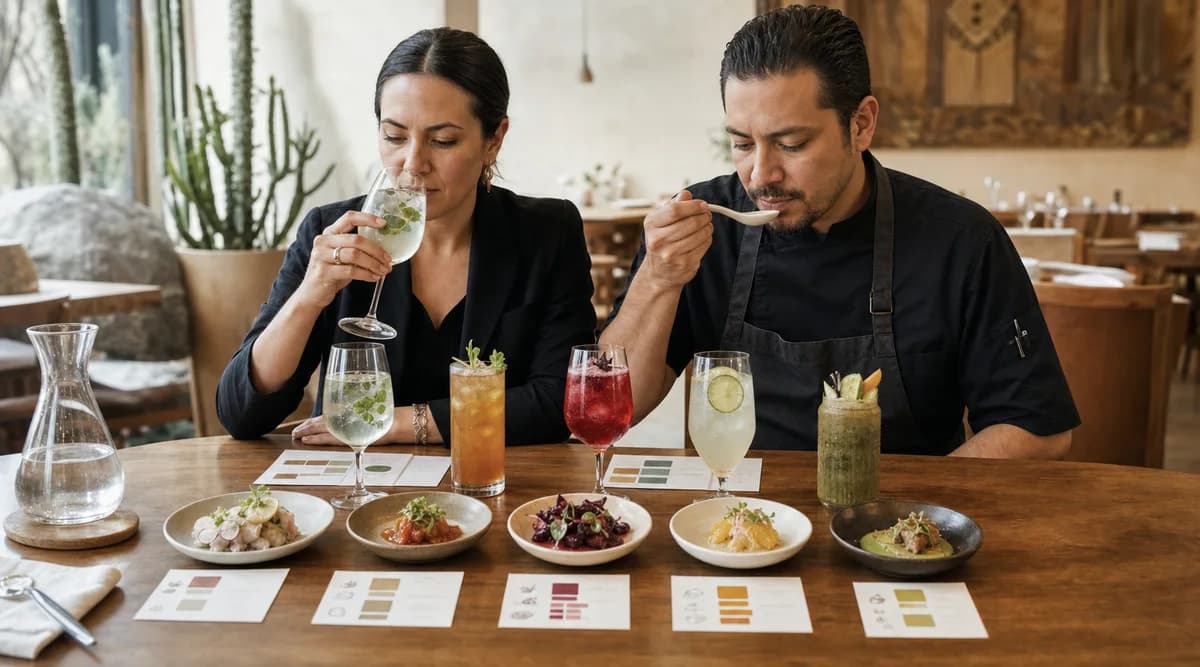Chef y responsable de bebidas prueban cinco maridajes sin alcohol junto a sus platos antes del servicio