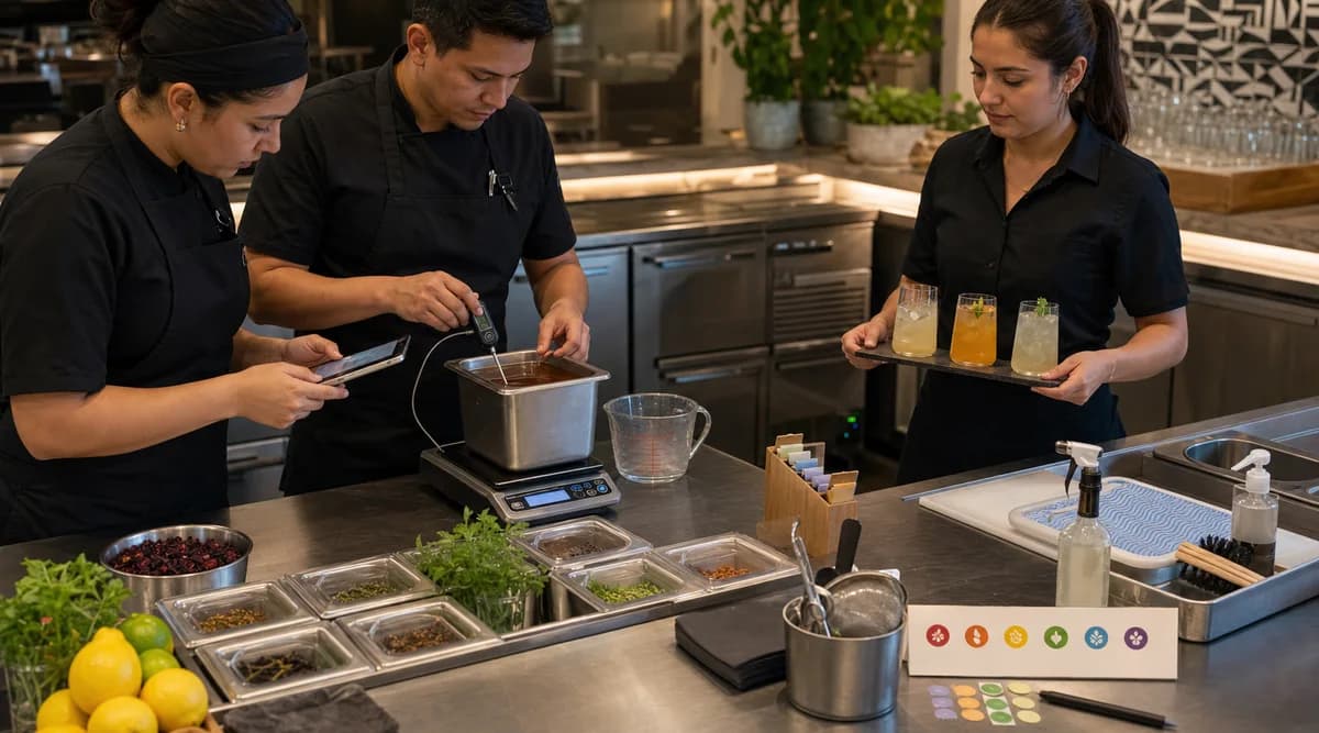 Equipo verifica receta, temperatura, ingredientes y servicio de un lote de bebidas sin alcohol