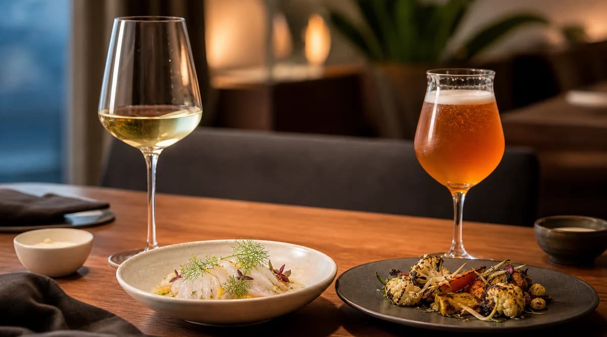 Copa de vino blanco y cerveza ámbar junto a dos platos distintos en un restaurante