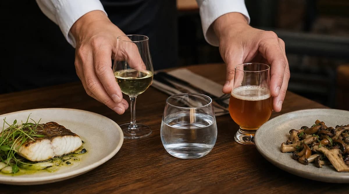 Servicio de pequeñas porciones de vino y cerveza junto a platos de pescado y hongos