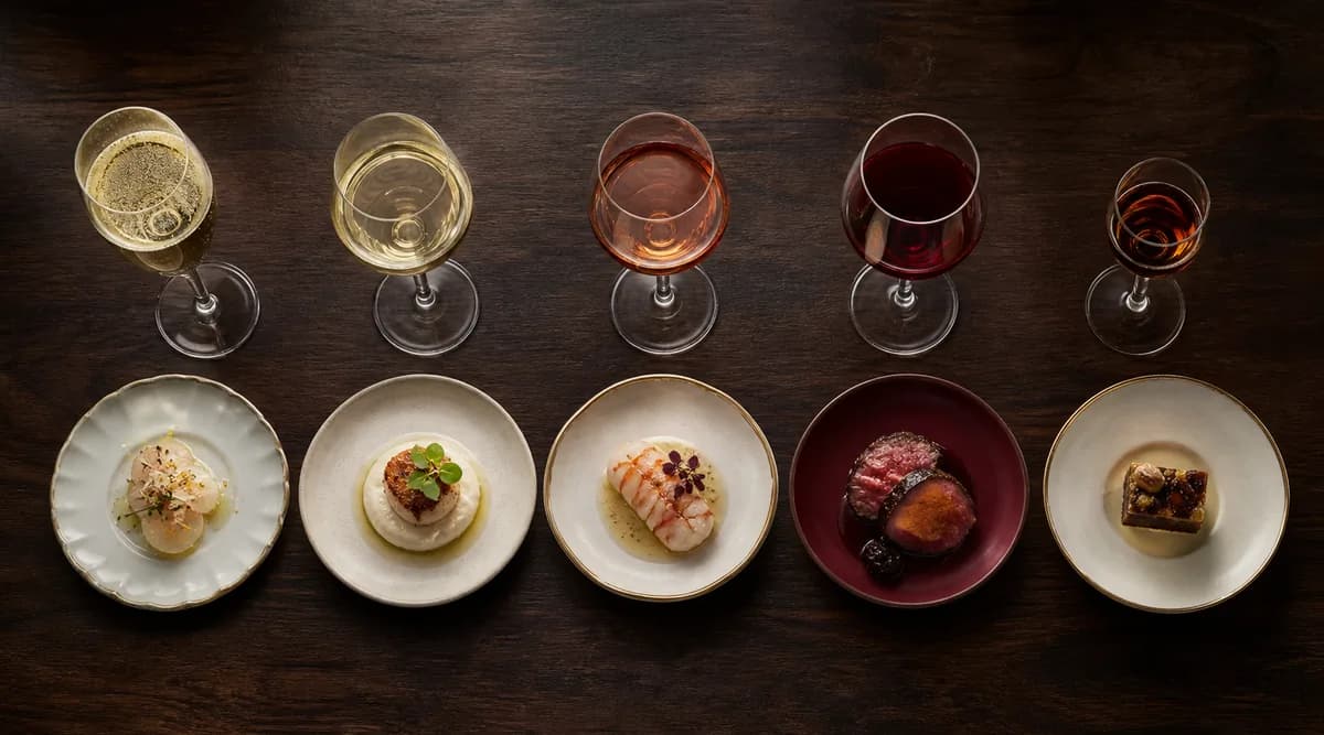 Cinco tiempos de menú degustación alineados con cinco copas de vino de distintos estilos