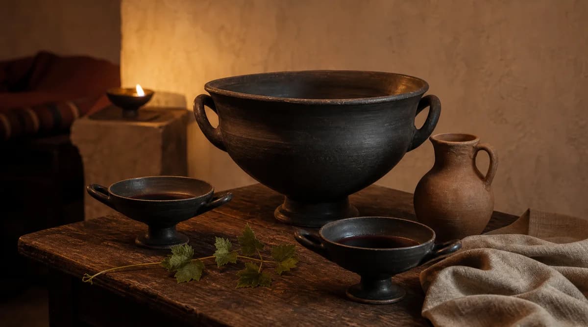 Mesa de simposio griego con crátera, copas kylix, vino diluido e hiedra