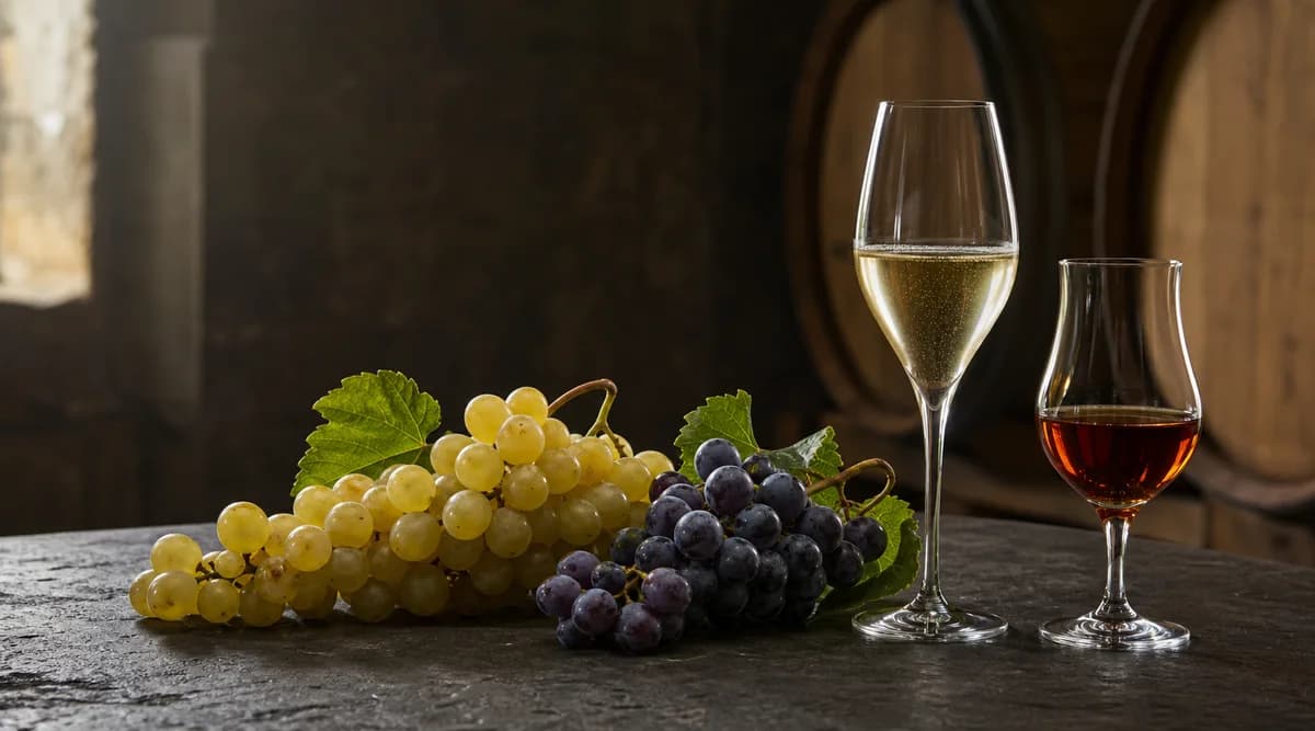 Uvas moscatel junto a copas de Moscato frizzante y Muscat fortificado