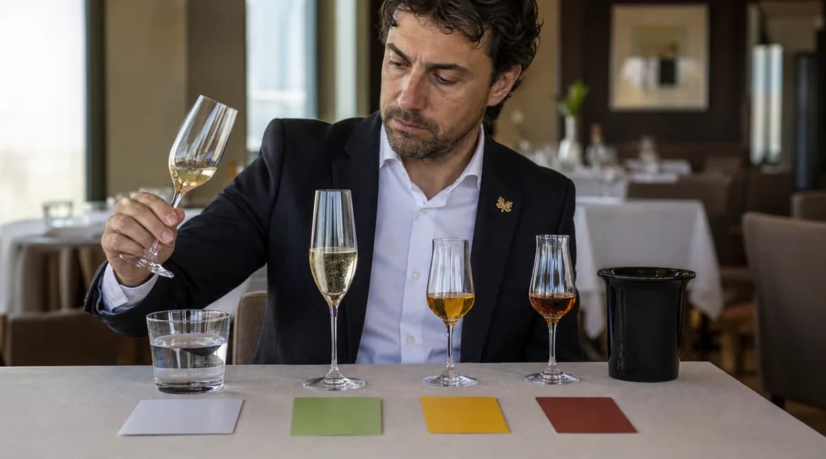Sommelier compara cuatro copas de estilos Muscat con agua y escupidera
