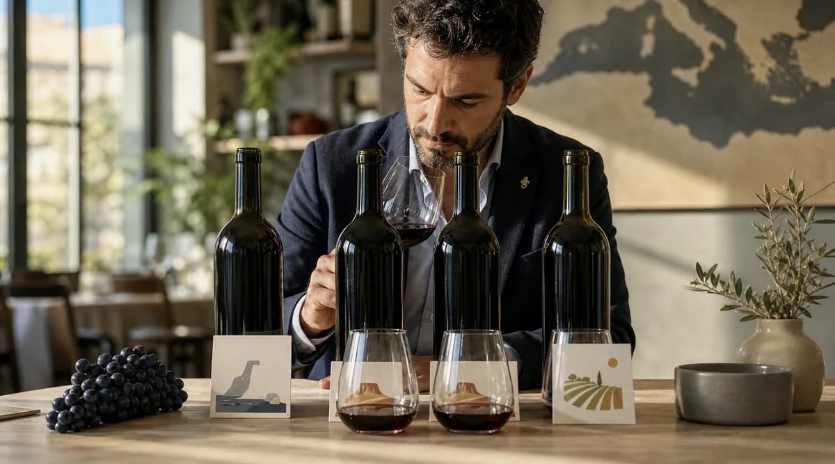 Sommelier compara vinos tintos de una misma variedad procedentes de distintas regiones mediterráneas