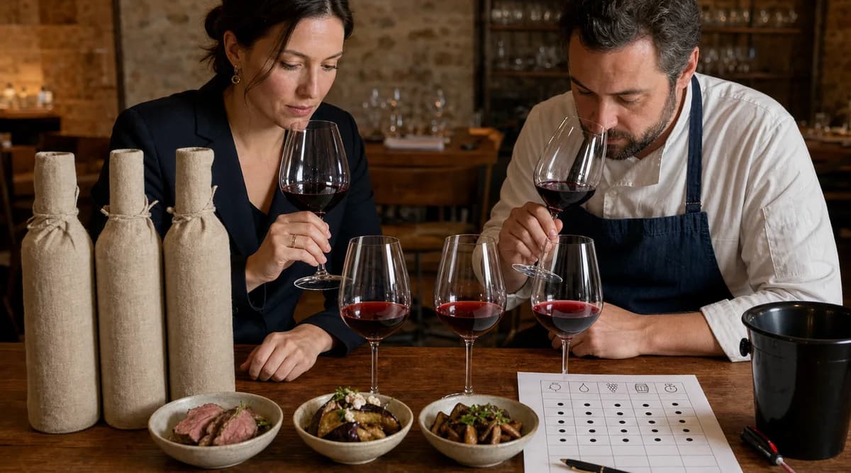 Sommelier y chef comparan a ciegas tres vinos tintos con platos mediterráneos y una ficha sensorial