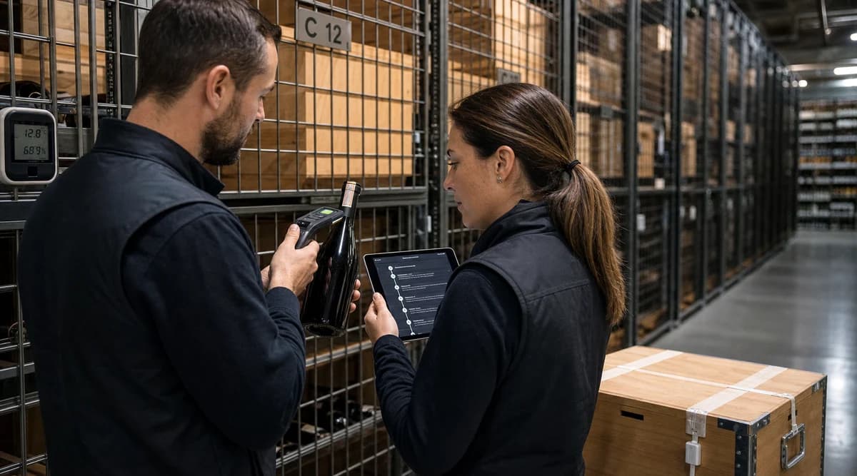 Equipo de custodia escaneando una botella y revisando su historial digital dentro de un almacén profesional
