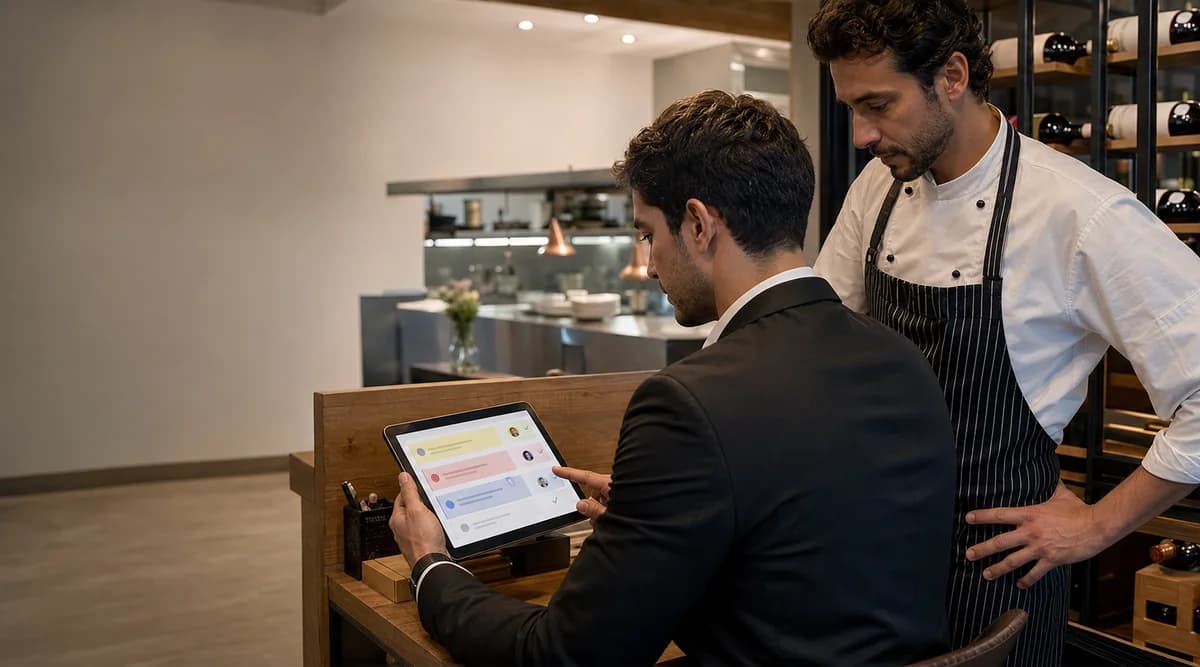 Gerente y chef revisan alertas operativas priorizadas antes del servicio