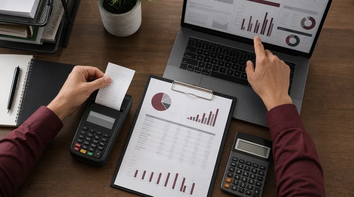 Gerente de restaurante comparando una terminal con el reporte de liquidación y el panel de ventas