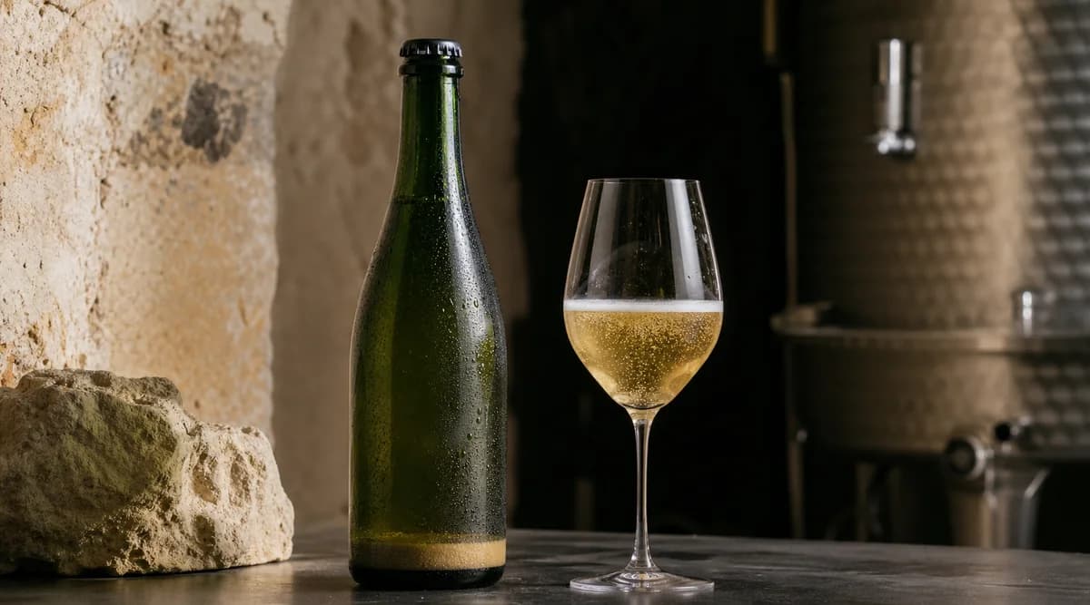 Botella fría con tapón corona y sedimento asentado junto a una copa de pét-nat