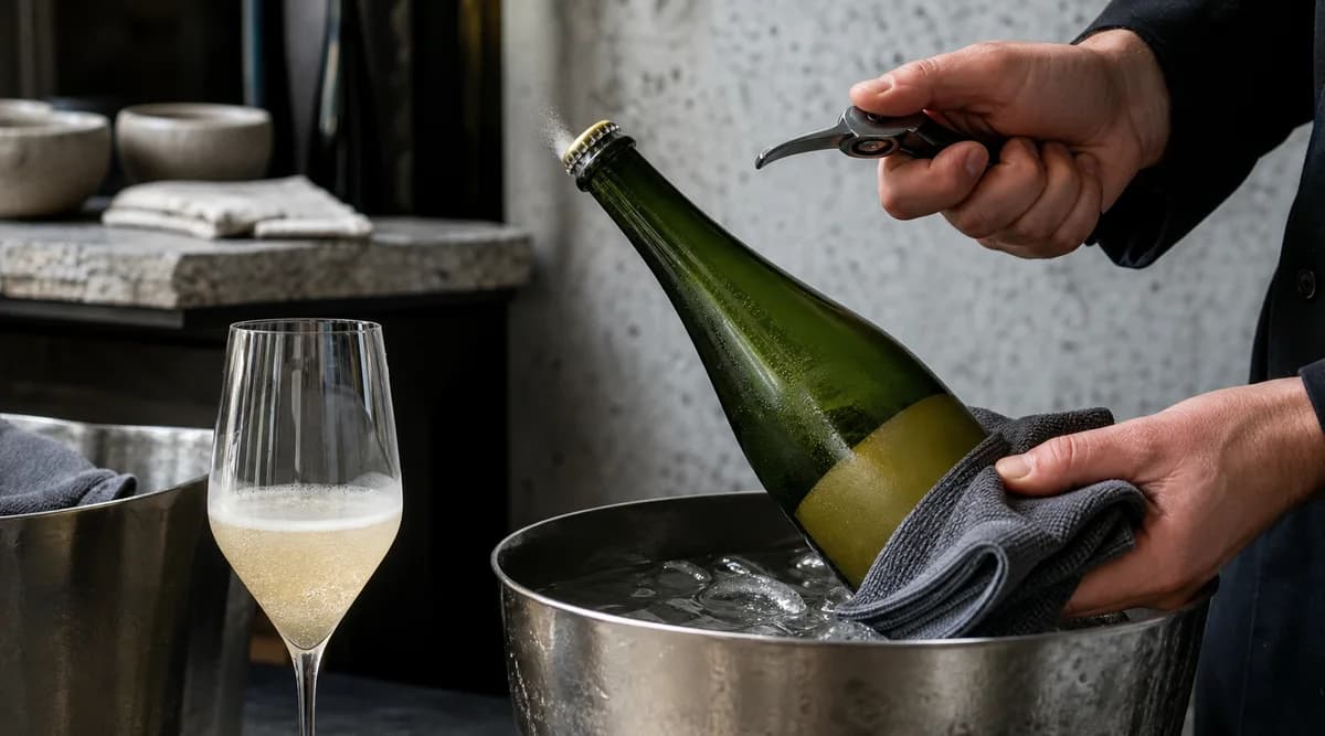 Sommelier abre lentamente una botella fría con tapón corona sobre una cubitera y usando un paño