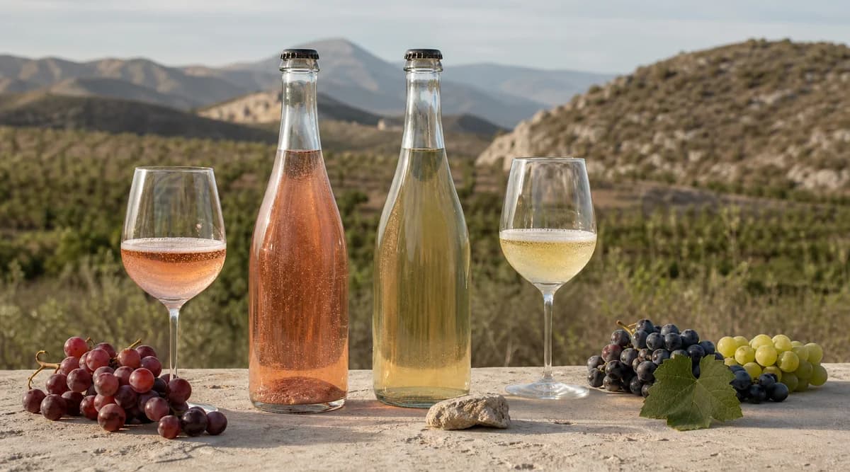 Dos botellas de pét-nat rosado y blanco sin etiqueta frente a un viñedo de Baja California