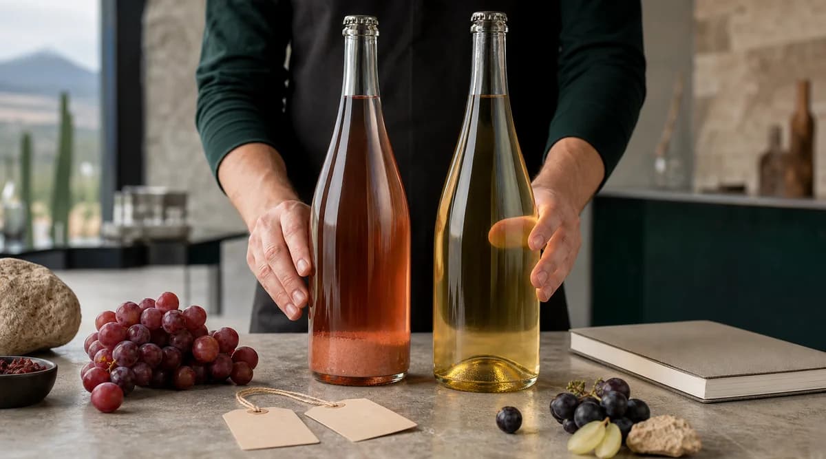 Dos botellas sin etiqueta, una rosada con lías y otra blanca limpia, se comparan junto a fichas sin texto