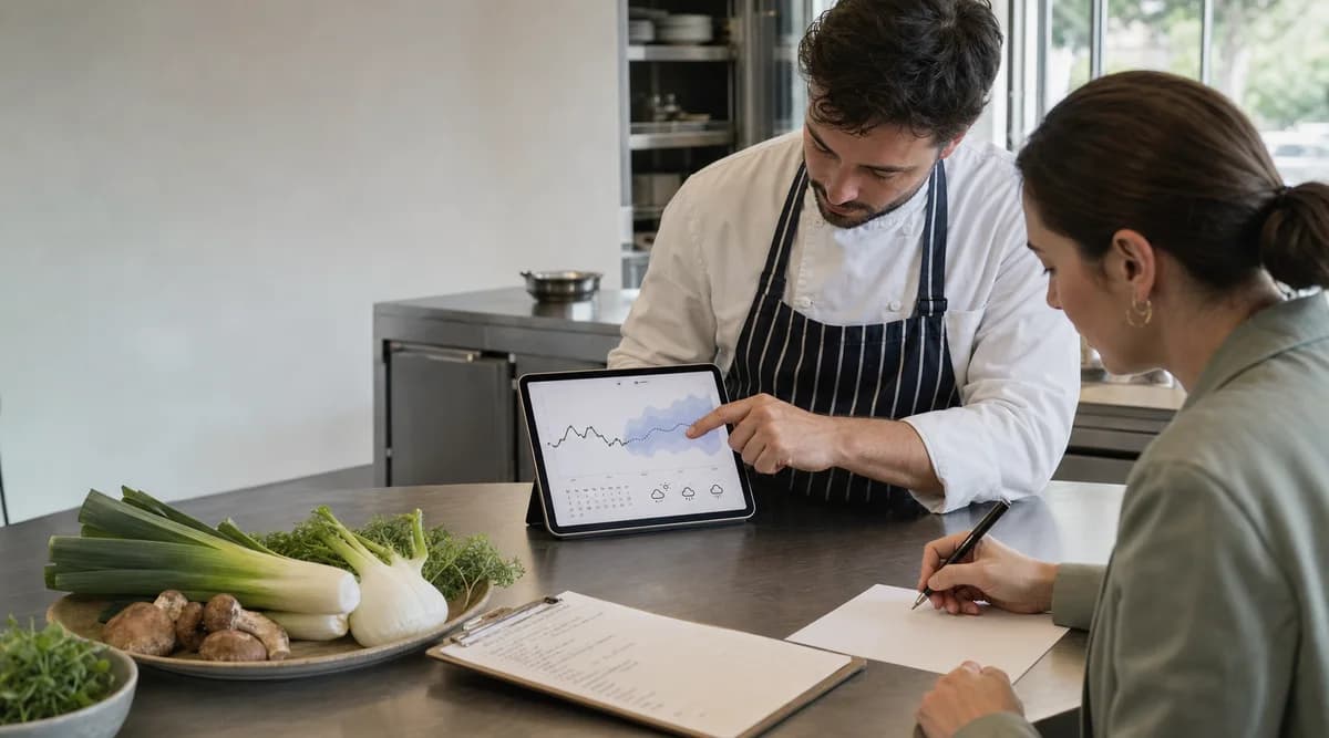 Chef y responsable de compras revisan un pronóstico con intervalo de incertidumbre