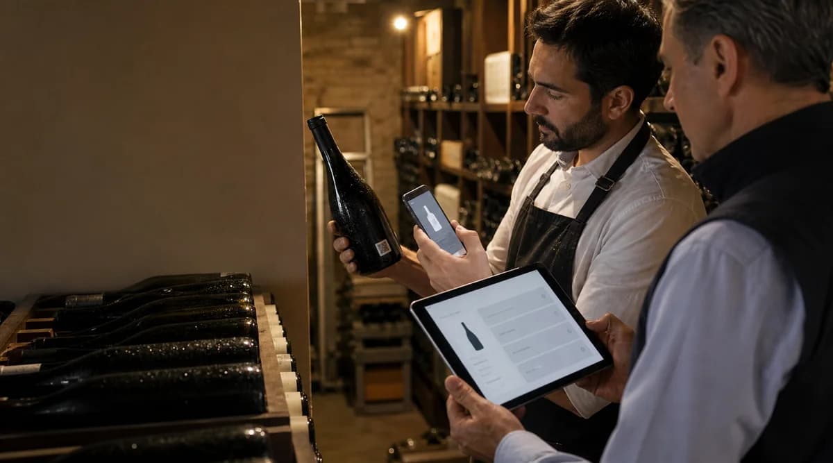 Sommelier escanea el QR de una botella mientras una responsable confirma el registro en una tableta
