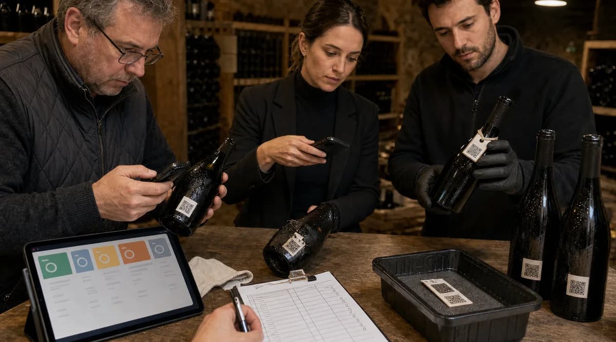 Equipo de cava prueba la lectura y el reemplazo de etiquetas QR sobre botellas reales