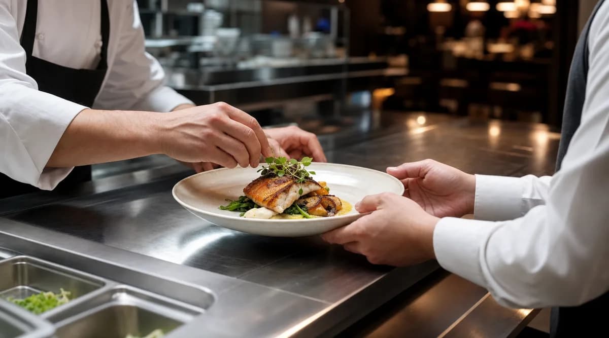 Chef y personal de sala coordinando la entrega de un plato fine dining