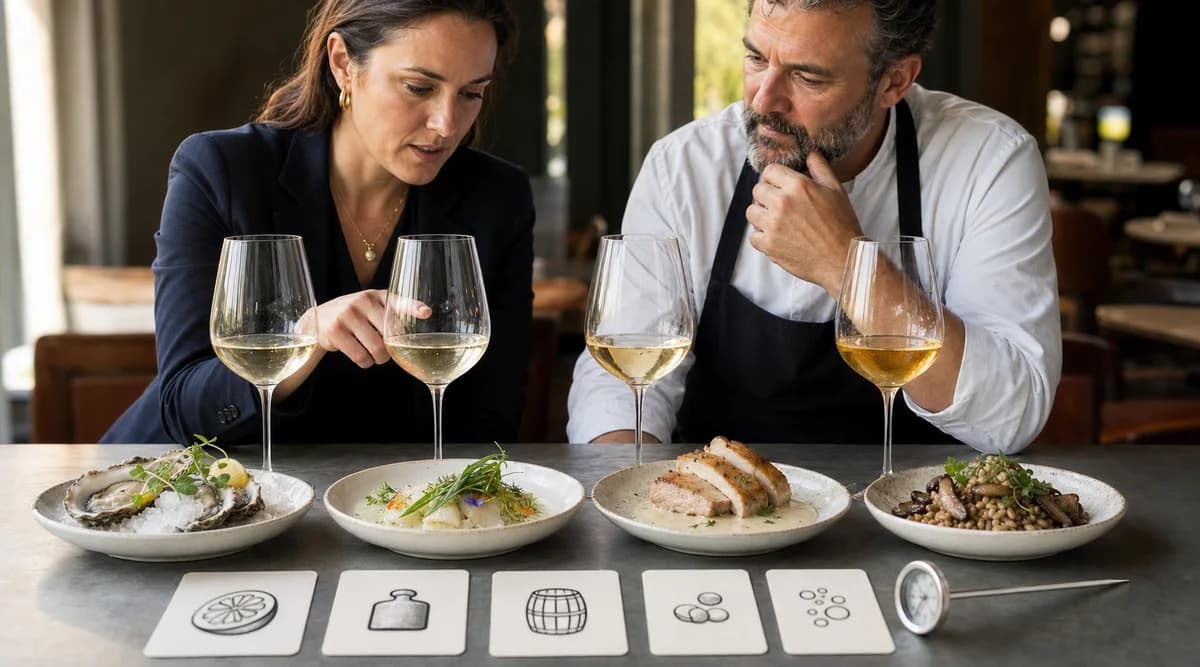 Sommelier y chef comparan cuatro estilos de Chardonnay junto a mariscos, pescado, pollo y hongos
