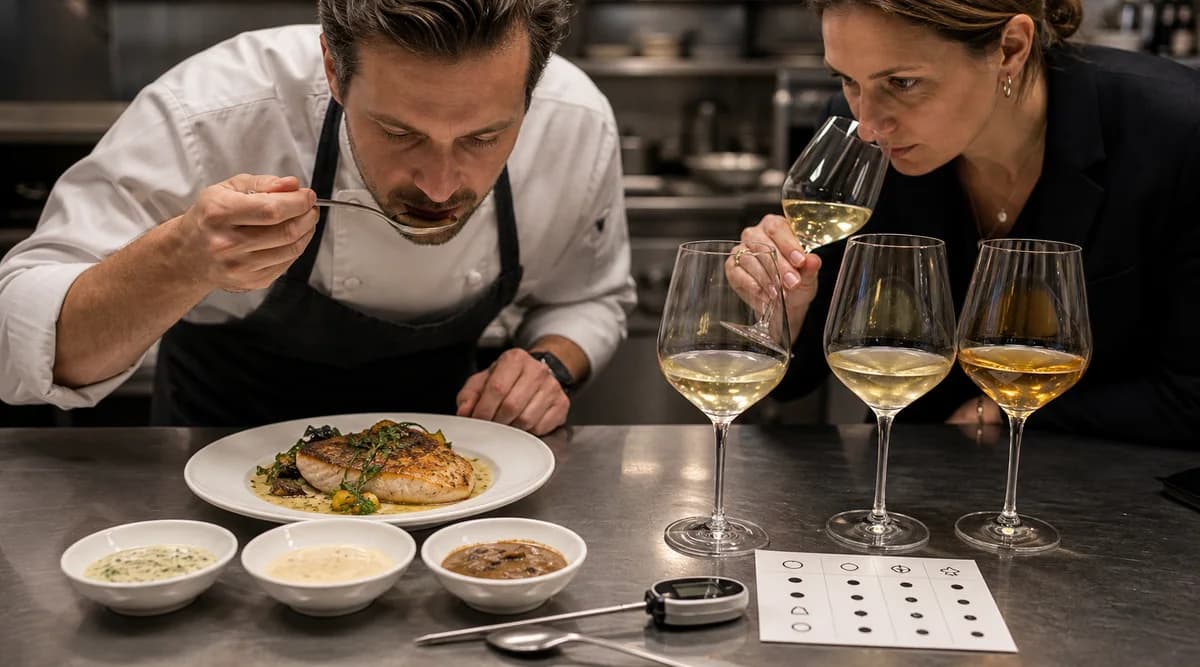 Chef y sommelier prueban un pescado con tres salsas y tres estilos de Chardonnay