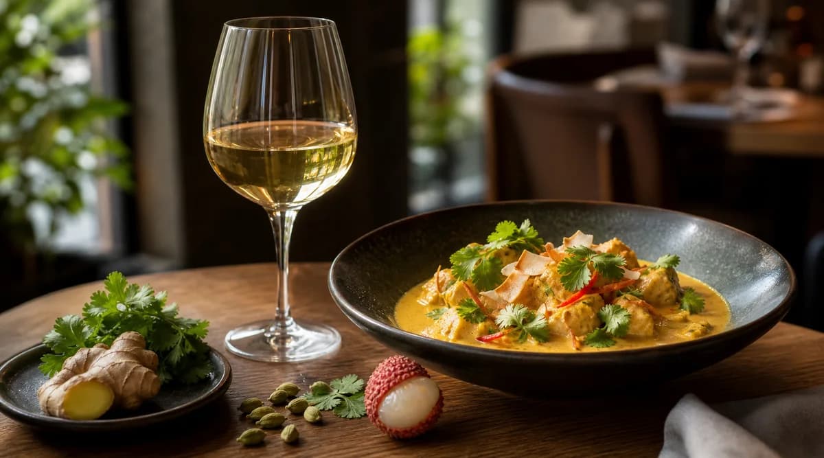Copa de Gewürztraminer junto a platos de cocina asiática con especias