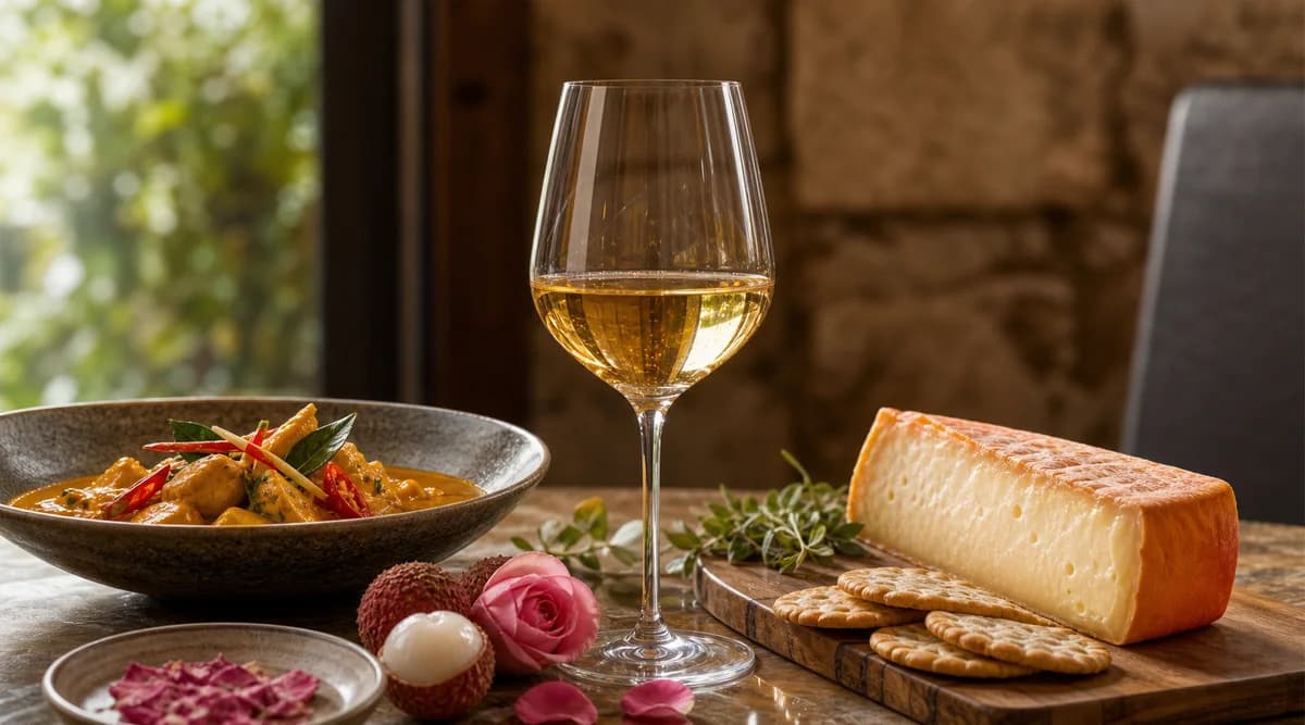 Copa de vino blanco aromático junto a curry y queso de corteza lavada