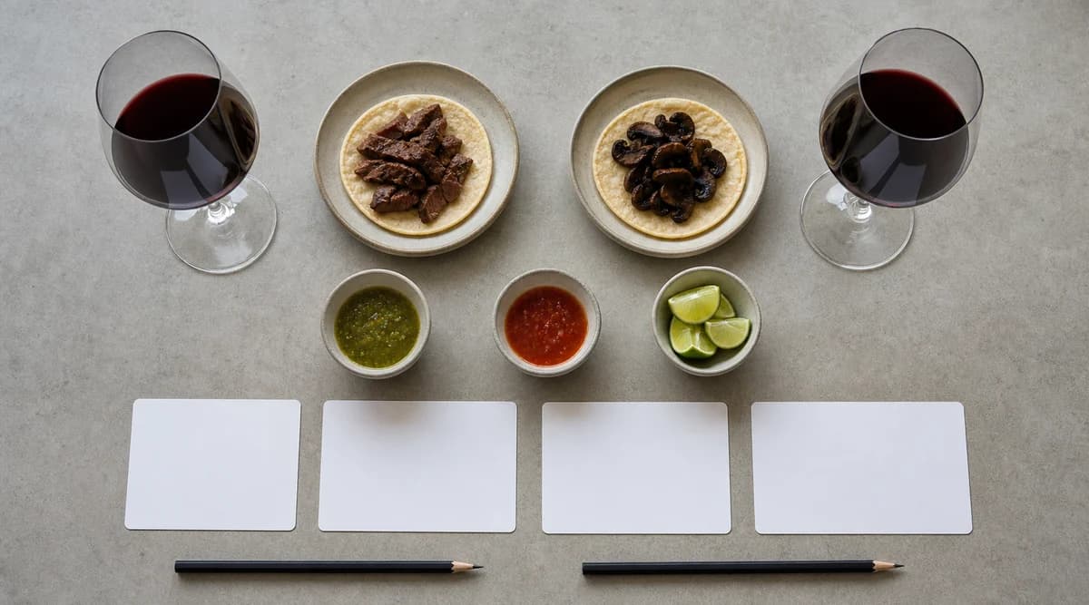 Prueba comparativa de dos Malbec con tacos, setas, carne y salsas separadas