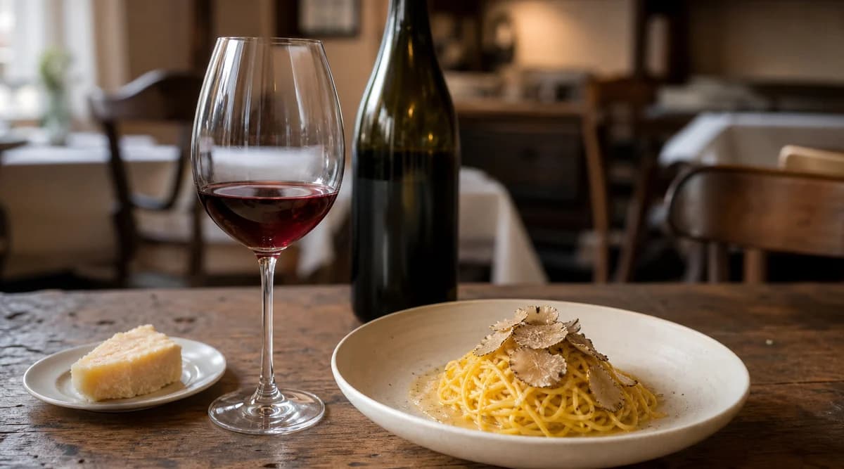 Barolo servido con tajarin y trufa en una mesa piamontesa