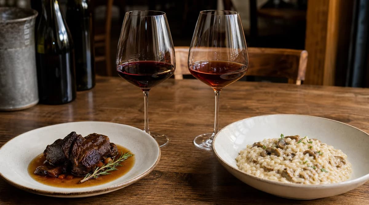 Dos copas de Barolo se comparan con brasato y risotto de hongos