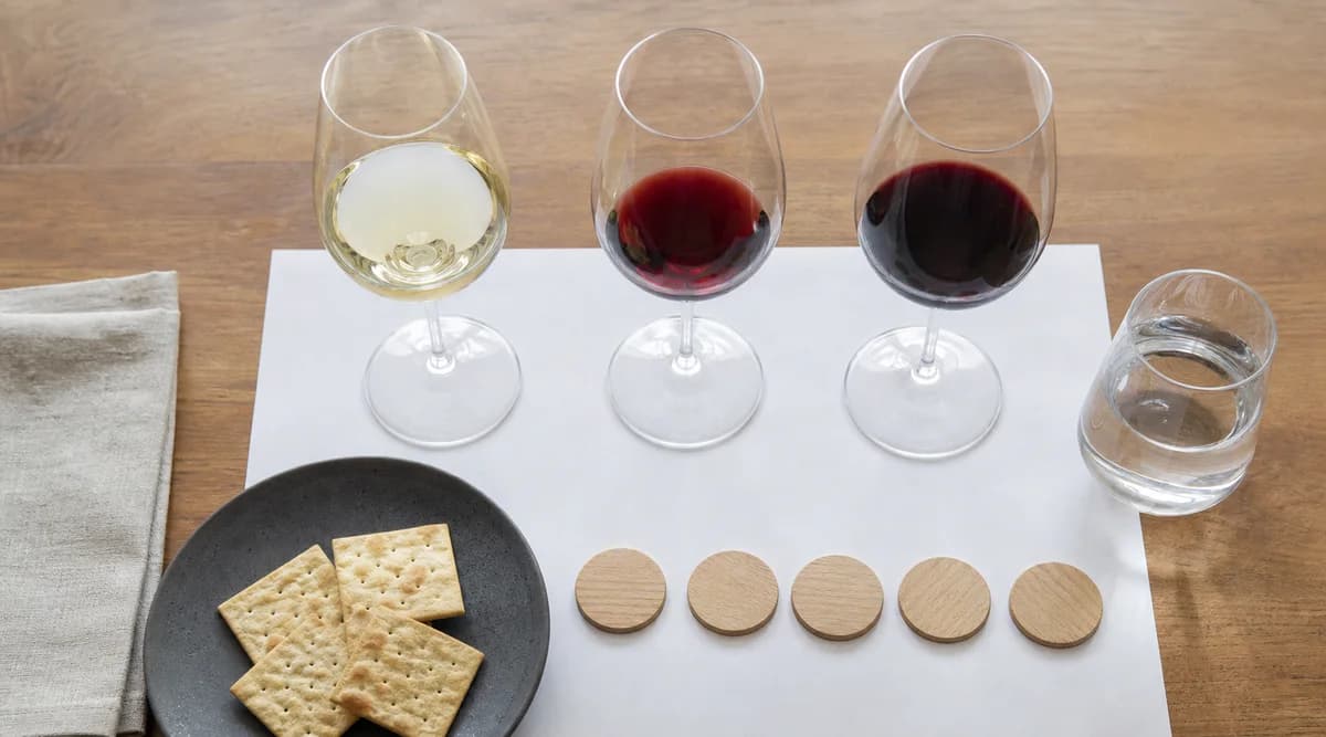 Tres copas de vino preparadas para comparar acidez, cuerpo y tanino