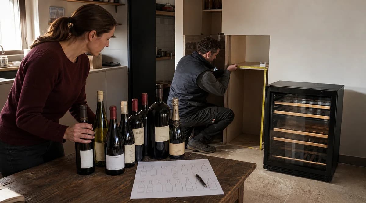 Compradora clasifica botellas de distintos formatos mientras un instalador mide el espacio del refrigerador