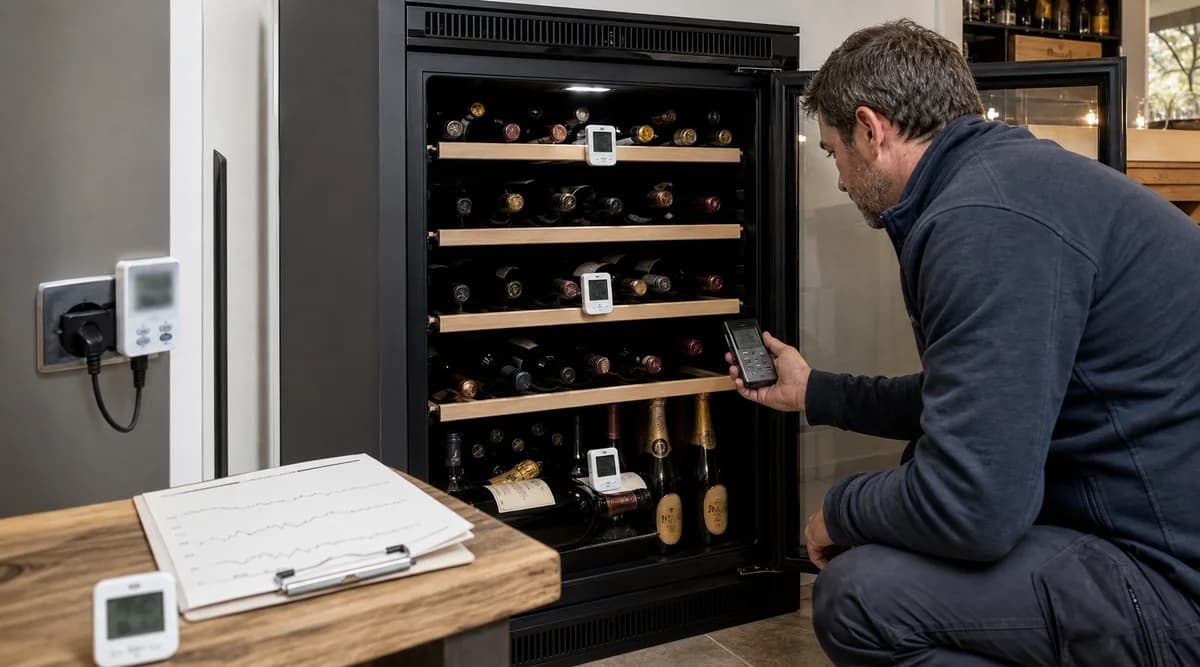 Técnico valida un refrigerador de vinos instalado con registradores independientes y medidor de energía