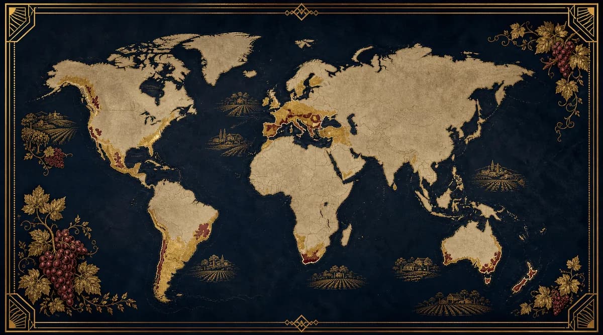 Mapa editorial del mundo con las principales zonas productoras de vino resaltadas