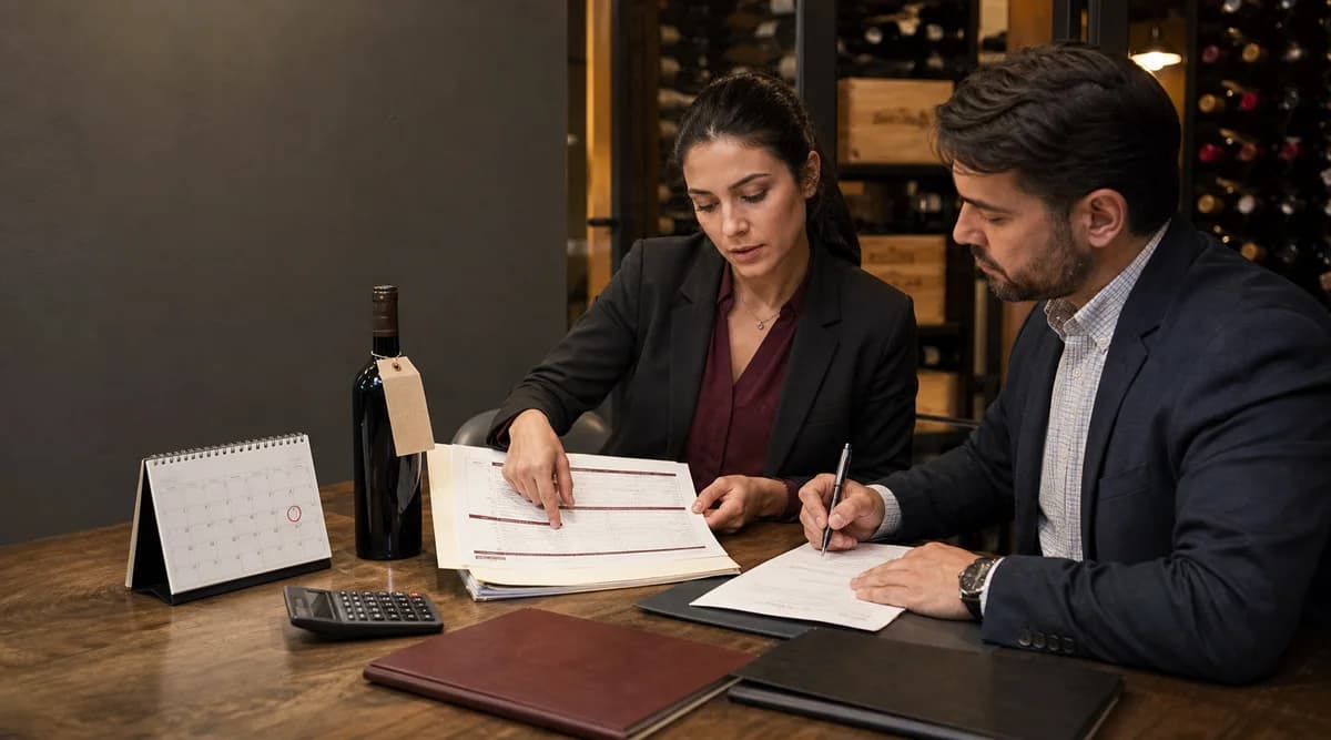 Preparadora y revisor examinan y firman el expediente mensual del inventario de vinos