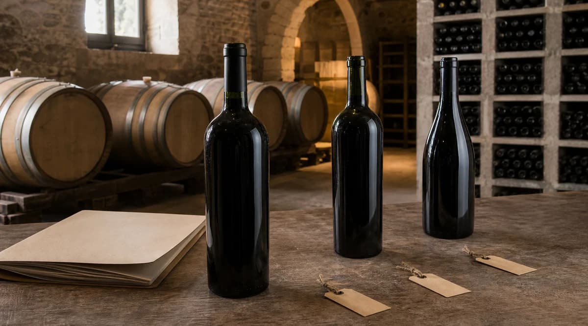 Tres botellas sin etiqueta entre barricas y botellero de una bodega española