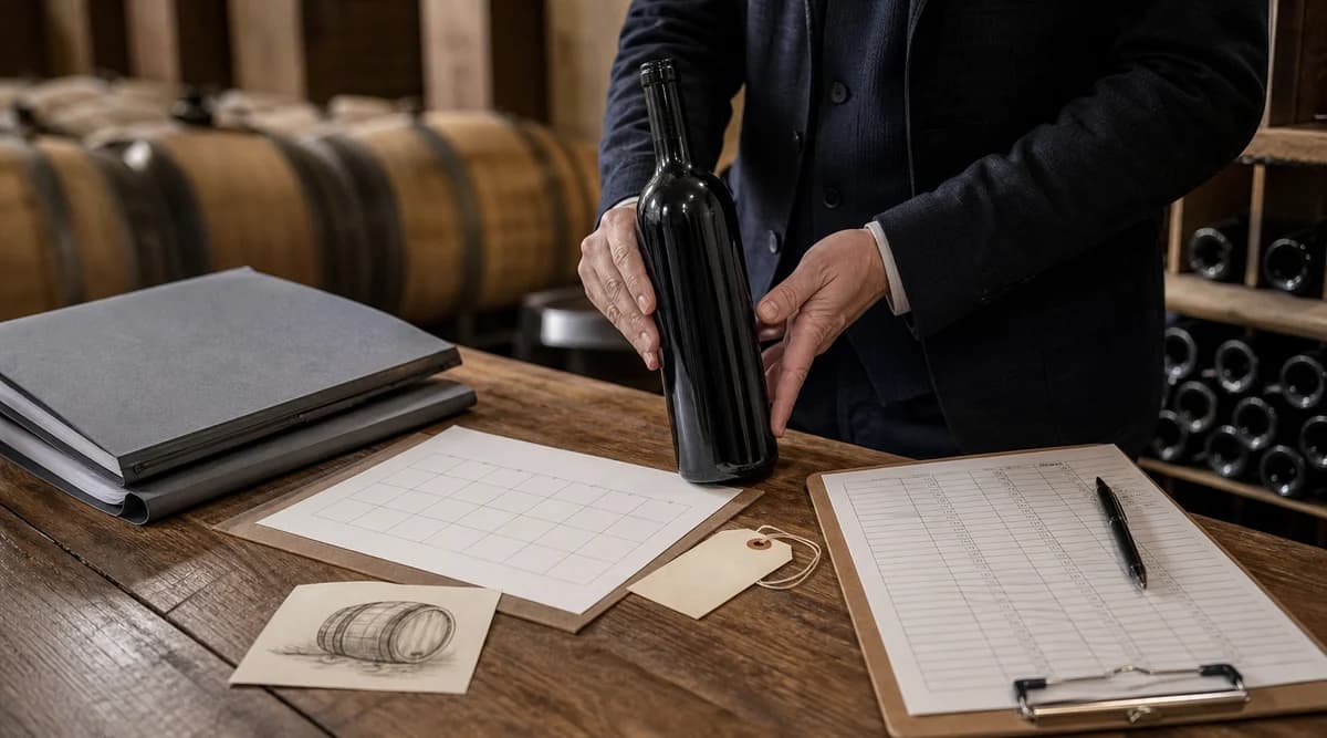 Sommelier contrasta una botella con carpetas, calendario y registro de crianza
