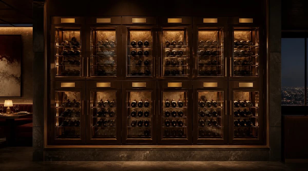 Muro de lockers privados para vino iluminados en un restaurante de Ciudad de México