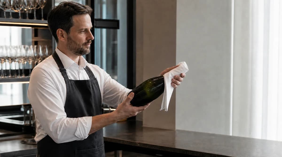 Sommelier abre una botella de espumoso por el método convencional con el corcho cubierto